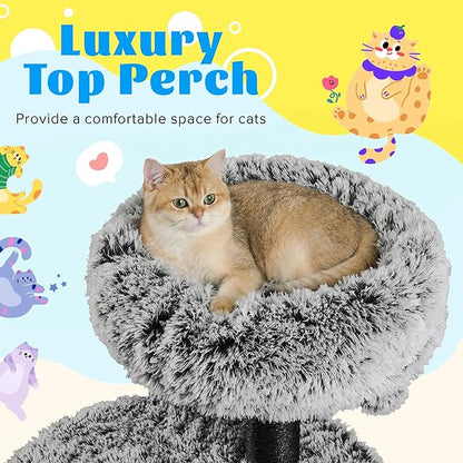 SHA CERLIN 61.5in Cat Tree Tower, Multi-Level Activity Center with Cozy Perch, Star-Shaped Platform, Moon Jumping Board, Sisal Scratching Posts, Hanging Toy Balls for Indoor Feline, Black and White