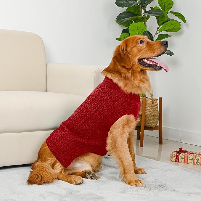 2 Pack Dog Sweaters for Large Dogs Winter Turtleneck Pullover Cable Knit Fleece Stretch Pitbull Labrador Golden Retriever Doberman Bulldog Boy Girl Pet Clothes (XXL, Red & Brown)