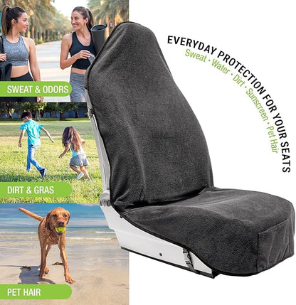 Season Guard Terry Cloth Sweat Towel Seat Cover; Carseat Towel Protector; Great for Gym Workout; Waterproof; Universal Fit for Car SUV Van Truck; EZ fit; Non Slip Grip; Machine Washable; 1pc Grey