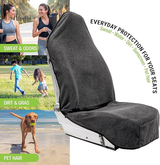 Season Guard Terry Cloth Sweat Towel Seat Cover; Carseat Towel Protector; Great for Gym Workout; Waterproof; Universal Fit for Car SUV Van Truck; EZ fit; Non Slip Grip; Machine Washable; 1pc Grey
