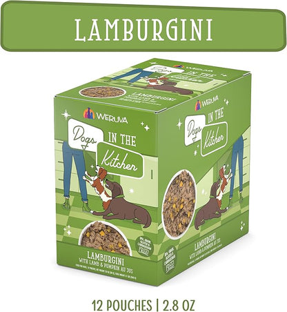 Weruva Dogs in The Kitchen, Lamburgini with Lamb & Pumpkin Au Jus Dog Food, 2.8oz Pouch (Pack of 12), Green
