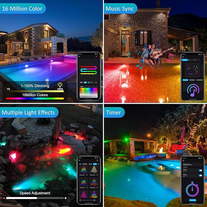 T-SUN Colored Underwater Pond Lights with APP & Remote Control 6 Pack | IP68 Waterproof Submersible Fountain Lights, Dimmable Timer Pond Lights Led Underwater for Outdoor Pond Fish Aquarium Garden