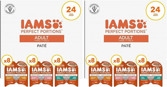 IAMS Perfect Portions Adult Wet Cat Food Pate, Chicken, Salmon, and Tuna Recipe Variety Pack, 2.6 oz. Easy Peel Twin-Package Trays (, 48 Servings), 24 Count (Pack of 2)