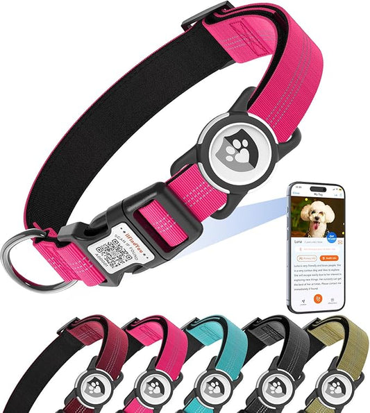 Reflective Dog Collar with AirTag Holder for Medium Dogs Soft Nylon Rose Red Sized S