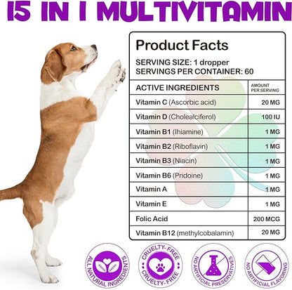 15-in-1 Dog Multivitamin Drops for Dogs | Liquid Multivitamin with Glucosamine, MSM & Omega for Joint, Heart, Immune & Skin Health | Easy Liquid Drops for Picky Eaters