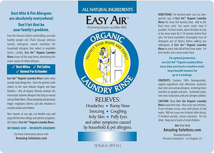 Easy Air Organic Allergy Relief Laundry Rinse, Hypoallergenic & Fragrance Free, Eliminate Odors. Asthma & Allergy Safe for Babies & Pets - 16 Fl Oz