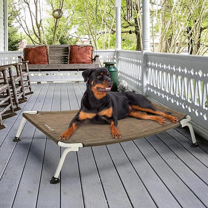 Veehoo Elevated Dog Bed for Outdoor, Cooling Waterproof Raised Dog Cots Beds XL, Curved Off Ground Pet Hammock Cot Lifted for Outside, up to 150lbs, White Legs, Brown 49"