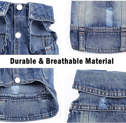 Jean Jacket, Puppy Blue Denim Lapel Vest Coat Costume, Dog T-Shirt Clothes, Cool and Funny Apparel Outfits, Machine Washable Pet Outfits for Small Medium Dogs Cats (XS)