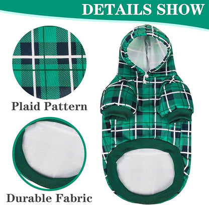 EXPAWLORER Plaid Dog Hoodie - British Style Warm Dog Sweater Shirt with Leash Hole,Pitbull Clothes Outfits,Winter Coat Apparel for All Breeds Puppy Girl Boy-Cat Apparel,Green Large