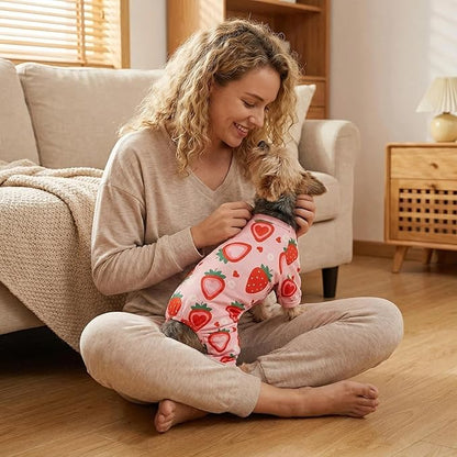 Dog Pajamas Spring Summer Dog Clothes for Small Medium Dogs Strawberry Print Girl Boy Cute Soft Puppy Pjs Clothes Doggie Onesies Cat Pet Jammies Outfit(Strawberry,L)
