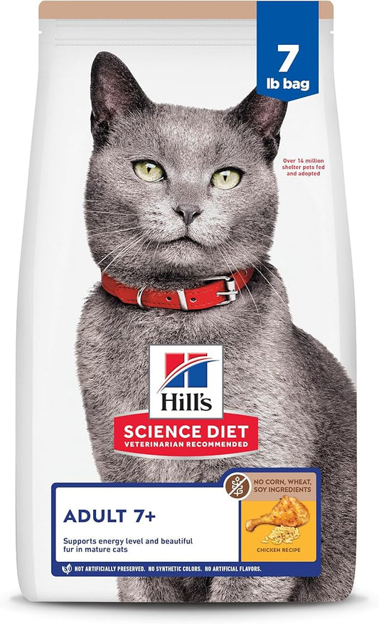 Hill's Science Diet Adult 7+ No Corn, Wheat or Soy Dry Cat Food, Chicken, 7 lb. Bag