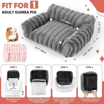Guinea Pig Couch - Fluffy Small Pet Sofa with with Two Removable Washable Covers, Guinea Pig Bed with Stuffed Arms and Back, Super Cozy Corduroy Fleece, Pink and Dark Gray Respectively