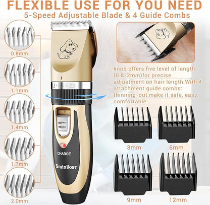 Sminiker Professional Rechargeable Cordless Dogs Cats Horse Grooming Clippers - Professional Pet Hair Clippers with Comb Guides for Dogs Cats Horses and Other House Animals Pet Grooming Kit