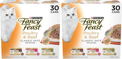 Fancy Feast Poultry and Beef Feast Classic Pate Collection Grain Free Wet Cat Food Variety Pack - 3 oz. Cans,(Pack of 60)