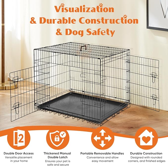 Sweetcrispy Dog Crate, 48 Inch Double Door Folding Metal Wire Dog Cage with Plastic Leak-Proof Pan Tray, Extra Large Pet Kennel for Indoor, Outdoor, Travel