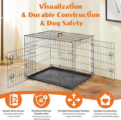 Sweetcrispy Dog Crate, 48 Inch Double Door Folding Metal Wire Dog Cage with Plastic Leak-Proof Pan Tray, Extra Large Pet Kennel for Indoor, Outdoor, Travel