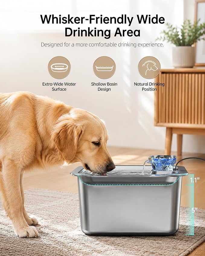 3Gal Large Dog Water Fountain Dispenser, 11L Stainless Steel Pet Fountain with 6 Filters, Corded Ultra Quiet Automatic Dog Water Bowl for Large and Multi-Pet Homes, 12 x 8.7 in Drinking Area