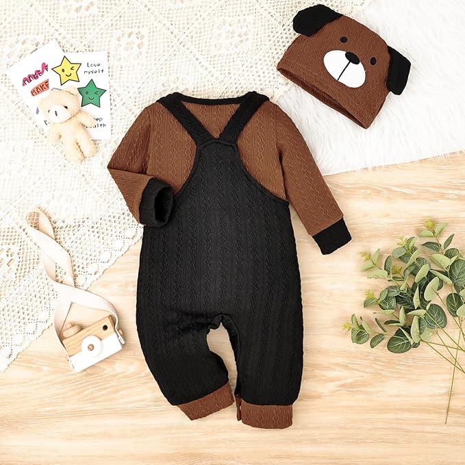 FOCUTEBB Baby Boy Clothes Cute Long Sleeve Romper Infant Pocket Overalls Adjustable Suspender Pants Set 0-18 Months
