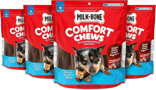 Milk-Bone Comfort Chews, Dog Treats with Unique Chewy Texture and Real Beef, 9 Chews (Pack of 4)