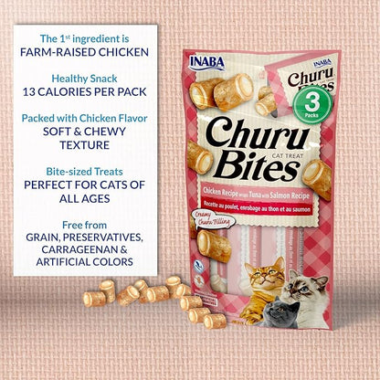 INABA Churu Bites for Cats, Soft Baked Chicken Churu Filled Cat Treats with Green Tea Extract, 0.35 Ounces Each Tube, 9 Tubes Total, Tuna with Scallop Recipe