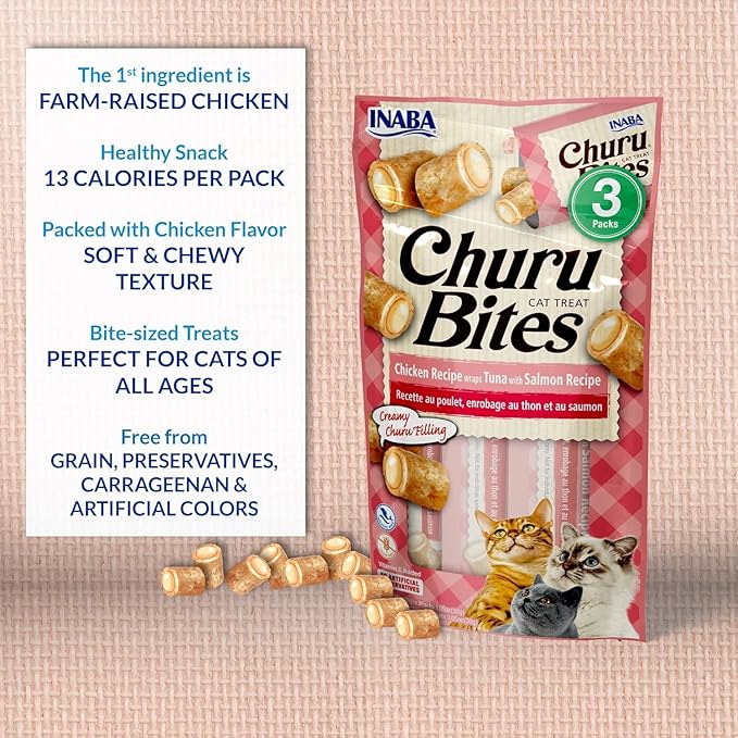 INABA Churu Bites for Cats, Soft Baked Chicken Churu Filled Cat Treats with Green Tea Extract, 0.35 Ounces Each Tube, 12 Tubes Total, 4 Flavor Variety