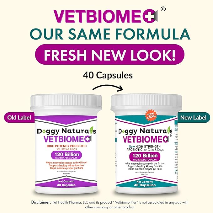 Vetbiome Plus High Strength Probiotics for Pets (120 Capsules) - 120 Billion CFU, 9 - Strain Formula – Third Party Tested - Made in U.S.A (120 Caps (3 Pack))