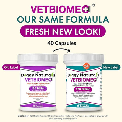 Vetbiome Plus High Strength Probiotics for Pets (120 Capsules) - 120 Billion CFU, 9 - Strain Formula – Third Party Tested - Made in U.S.A (120 Caps (3 Pack))