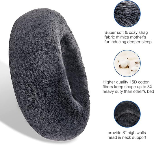 SAVFOX 54 inches Calming Donut Dog Bed - 3X Durable Plush Faux Fur, Machine Washable & Non-Slip, Fits up to 210 lbs, Removable Cover, Dark Grey