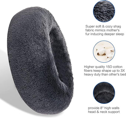 SAVFOX 36 inches Calming Donut Dog Bed - 3X Durable Plush Faux Fur, Machine Washable & Non-Slip, Fits up to 100 lbs, Dark Grey