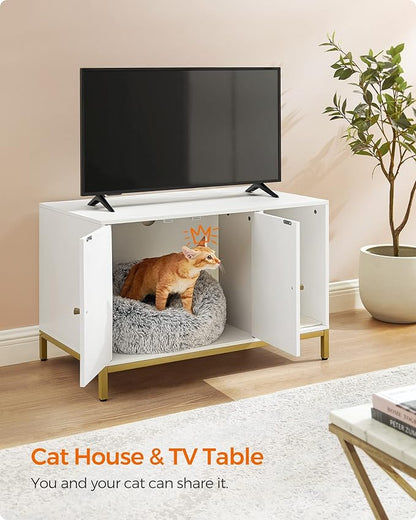 Feandrea Cat Litter Box Enclosure, Hidden Litter Box Furniture with Scratch Pad, Front Entry, Double Cabinet Doors, Modern Style, 31.5" Cat House Washroom Side End Table, White and Gold