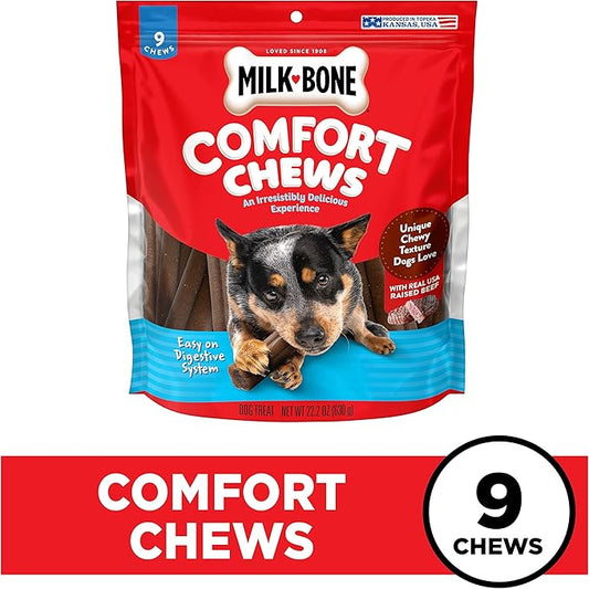 Milk-Bone Comfort Chews, Dog Treats with Unique Chewy Texture and Real Beef, 9 Chews (Pack of 4)