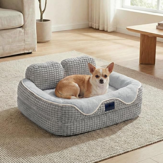 Veehoo Cute Small Dog Bed, Orthopedic Waterproof Pet Beds for Small Dogs, High Back Non-Slip Bottom and Egg-Crate Foam Puppy Couch Sofa with Washable Removable Cover Grey, 24"