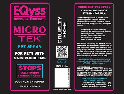 EQyss Micro-Tek Pet Itch Relief Spray - Soothes Dry Irritated Skin, Stops Itching, Scratching, Biting, Licking Hot Spots - for all Cats & Dogs (16 oz)
