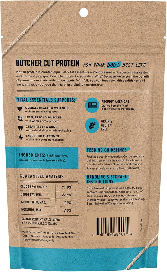 Vital Essentials Freeze Dried Dog Treats | Beef Bites, Single Protein | Premium Quality | Grain Free Training Treats for Dogs, 6.2 oz Bag