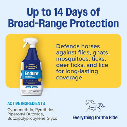 Farnam Endure Fly Spray for Horses - Long-Lasting Sweat-Resistant Fly Repellent, Repels Flies, Mosquitoes, Gnats and Ticks, Up to 14 Days Fly Control - 32 oz Spray