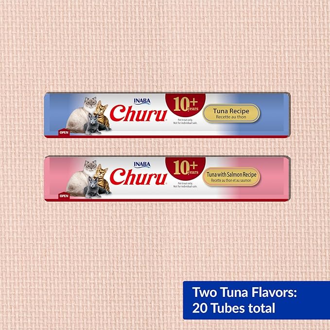 INABA Churu for Senior 10+, Creamy Lickable Cat Treats with Taurine, Vitamin E & C, 0.5 Ounces Each, 20 Tubes, Tuna Variety