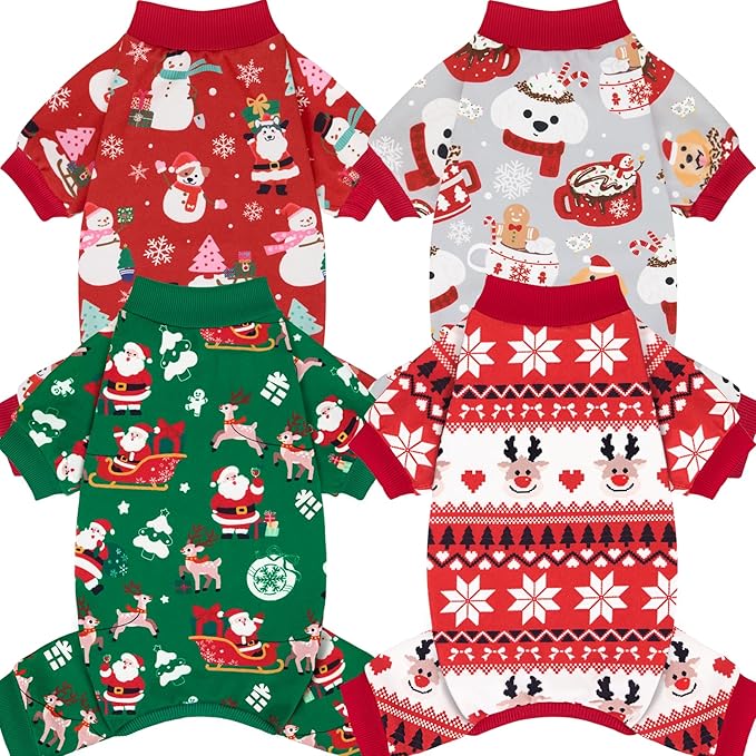 XPUDAC 4 Pack Christmas Dog Pajamas Soft Puppy Outfits for Small Medium Dogs Pet Clothes Pjs Doggie Bodysuit Cat Christmas Apparel, Red Green, 2XL