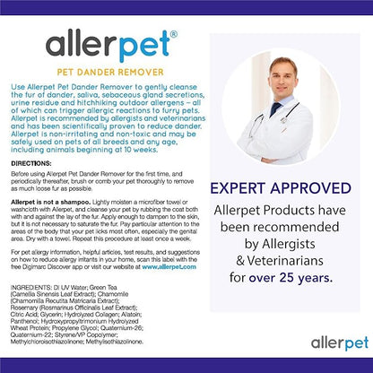 Allerpet Single Solution 16 fl oz Bottle Dander Remover for Pets - Relieves Allergies - Bonus Mitt to Easily Apply Solution to Your Pet