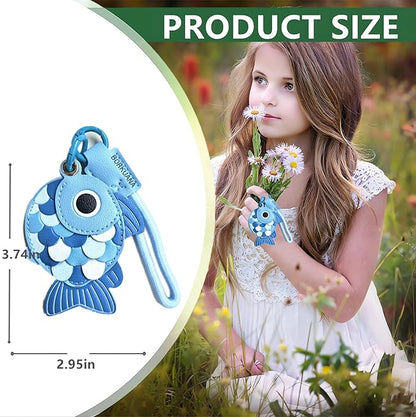 Leather Keychain Holder Case Compatible with AirTag,Cute Protective Cover with Keyring and Lanyard,Anti-Scratch Finder GPS Tracker Case for Wallet Keys,Bag,Pets,Backpack(Blue Fish)