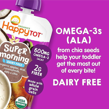 HAPPYTOT Organics Stage 4 Baby Food Pouches, Gluten Free, Vegan & Dairy Free Snack, Super Morning Fruit & Oat Blend, Apple, Acai, Coconutmilk, Oats & Chia, 4 Oz (Pack of 16)