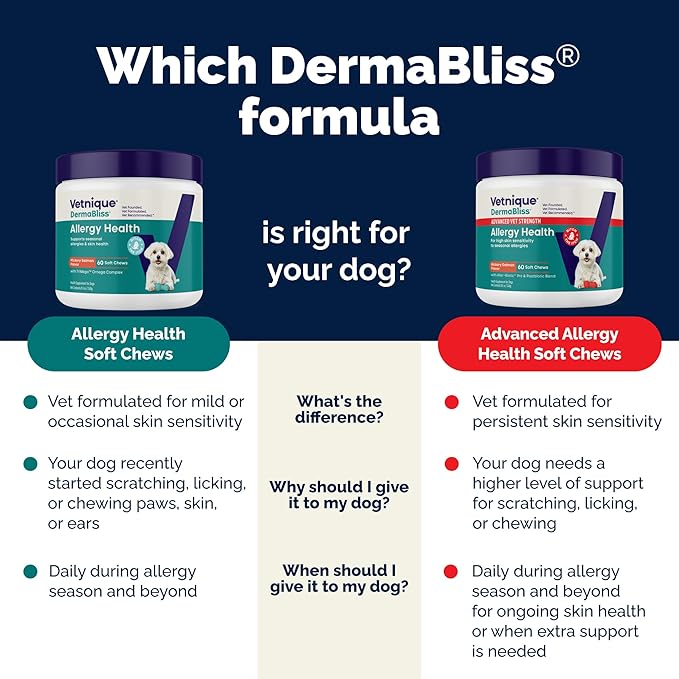 Vetnique DermaBliss Dog Allergy Chews for Seasonal Allergy Itch Relief, Skin & Gut Health with Probiotics and Omega 3 Blend - Advanced or Regular Strength (60ct, Regular Strength Chews)