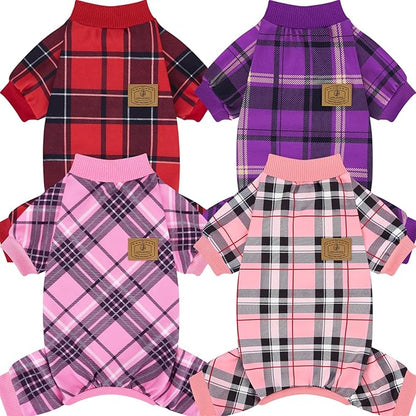 XPUDAC 4 Pack Plaid Dog Pajamas Outfits Cozy Doggy Clothes for Small Medium Dogs Girl Boy Puppy Onesie for Christmas Pet Pjs Jammies, L