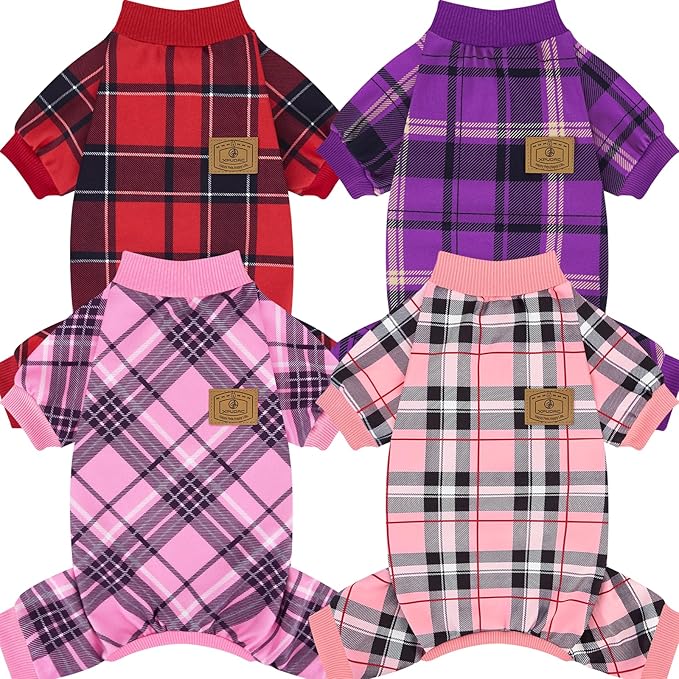 XPUDAC 4 Pack Plaid Dog Pajamas Outfits Cozy Doggy Clothes for Small Medium Dogs Girl Boy Puppy Onesie for Christmas Pet Pjs Jammies, S