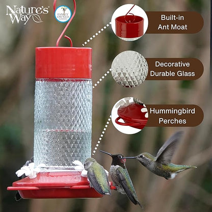 Nature's Way Hanging Glass Hummingbird Feeder for Outdoor Décor, 13 Ounce Capacity Nectar Feeder, Ant Moat, 4 Easy to Clean Flexible Ports, Red