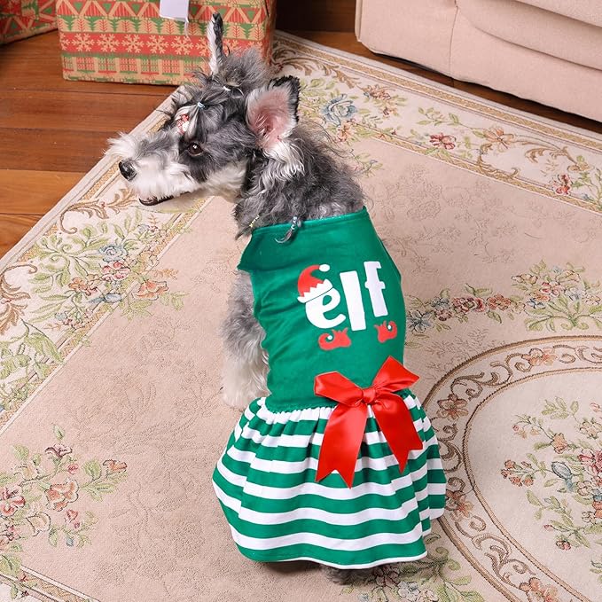 CuteBone Elf Dog Dresses Velvet Holiday Small Dogs Clothes Onesie Pet Apparel Girl Puppy Skirt with Bow Hair Rope CVA55M-D