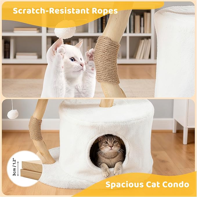COSIEST 42.5" Tall Cat Tree Tower for Indoor Cats, Modern Cat Tower with Natural Sisal Scratching Posts, Ball & Resin Trunks, Rattan Cat Tree with Condo, Cat Furniture for Multi-Cat Households, White