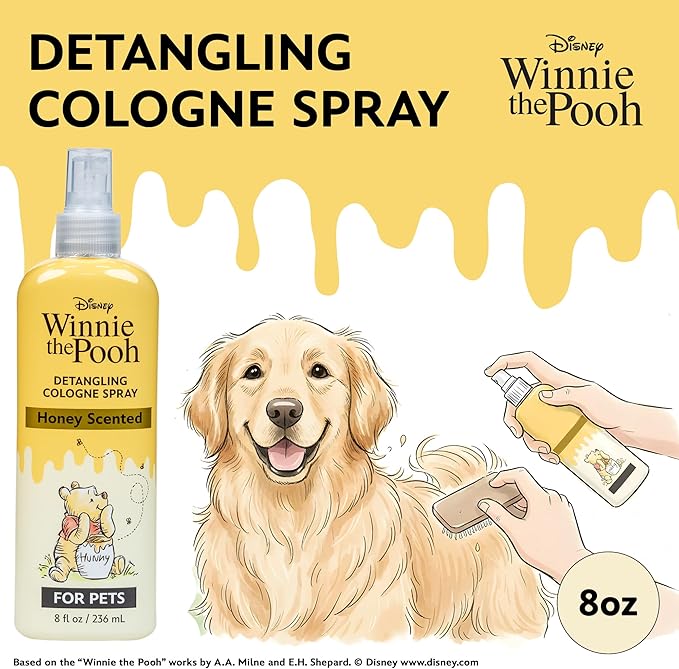 Disney Winnie the Pooh Detangling Cologne Spray for Dogs, Honey Scented Dog Fragrance with Conditioner, Gentle Care with Oatmeal, Baking Soda, Coconut Oil, 8oz