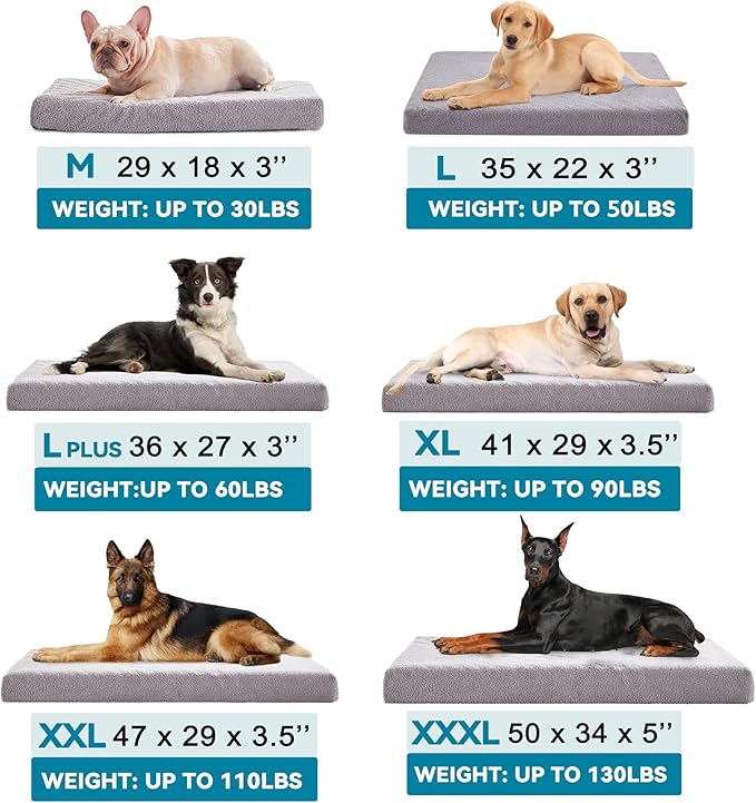 WATANIYA PET Memory Foam Large Dog Bed, Cooling Dog Beds for Large Dogs, Washable Pet Mat for Crate with Joint Relief (Light Grey)