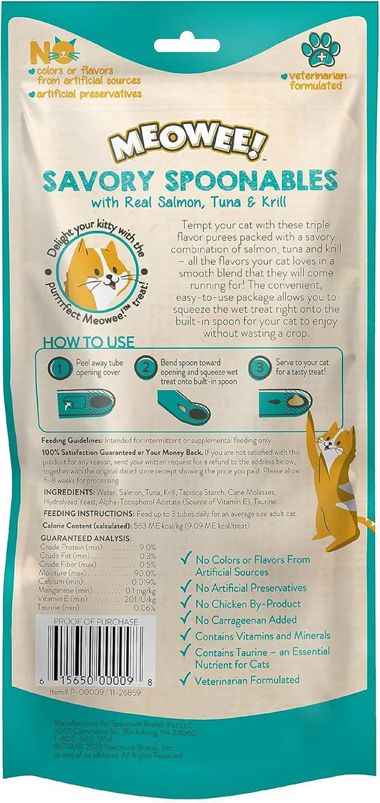 MEOWEE! Savory Spoonables with Real Salmon, Tuna and Krill for Cats, 4 Count, Treat Your Cat to Triple Flavor Squeezable Lickable Wet Treats with Built-in Spoon for Less Mess (Pack of 2)