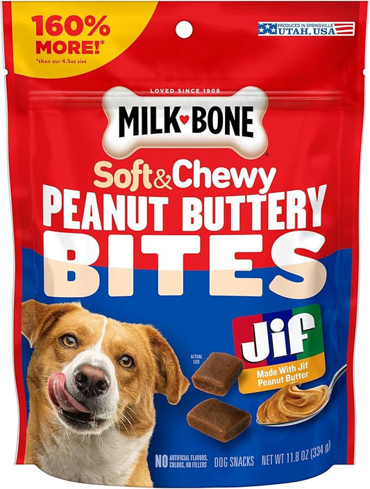 Milk-Bone Peanut Buttery Bites Soft Dog Treats with Jif Peanut Butter, 11.8-Oz. Bag